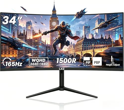 LXZ 34 Inch Curved Monitor 165Hz, UWQHD 3440 * 1440, 1500R with HDR, 21:9 Ultrawide Gaming Monitor with PIP PBP, Height Adjustable, 1ms MPRT, with 2xHDMI2.0 2X DP1.4 Ports