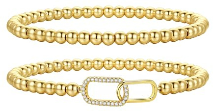 TINGN 2 Stück Gold Armband Damen 14K Vergoldete Stretch Herz Kreuz CZ Perlenarmband mit Anhänger Handgefertigtes Kugel Charm Armband Schmuck Geschenke für Damen Frauen