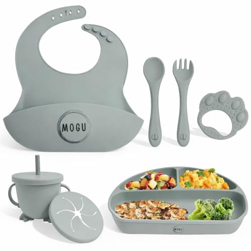 MOGU Vajilla Bebé Silicona 8 Piezas | Baby Led Weaning (BLW) | Plato con Ventosa Antideslizante | Vaso Aprendizaje 2 en 1 | Babero Ajustable | Cubiertos Infantiles | Sin BPA