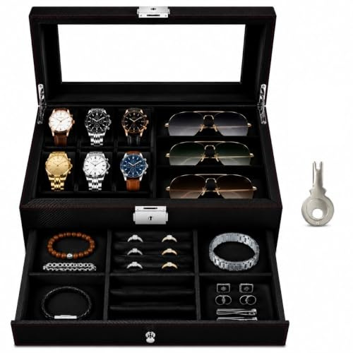 Watch Box with Jewellery Drawer, Lockable, 6 Watch Slots, Black