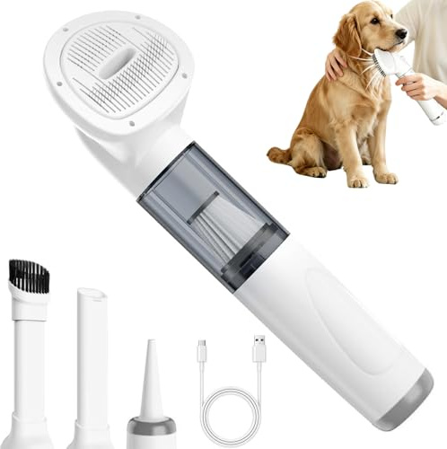 Cordless Dog Grooming Vacuum, 3-in-1 Pet Hair Hoover, 4200Pa Handheld Pet Vacuum Cleaner with Comb & Blow Dryer, Portable Rechargeable Dog Groomer Kit for Cats Dogs Shedding Hair (White)