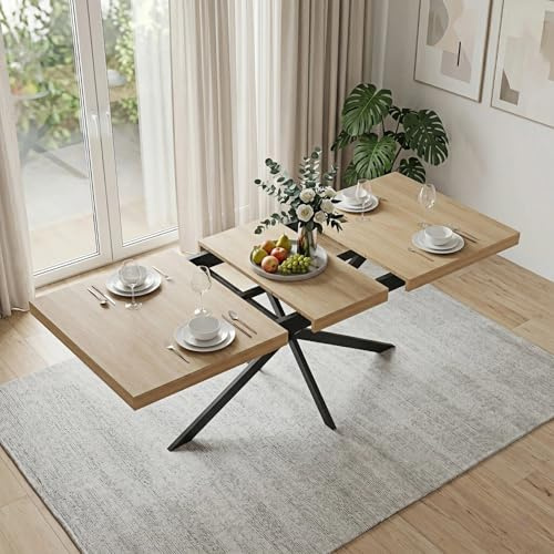Atenza Esstisch Ausziehbar Esszimmertisch Küchentisch mit Stauraum | MDF & X-Stahlgestell | Wohnzimmer & Esszimmer | 140-180x80 cm (4-6 Personen) | Integriertes Besteckfach | Retro Industrial