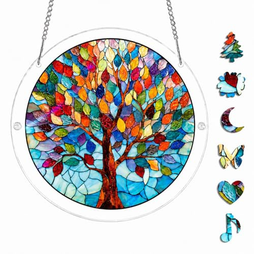 Acrylic Jigsaw Puzzle Suncatcher, Sun Catchers for Windows Garden (Tree) | 83 Pieces Acrylic Suncatcher Puzzle with Frame and Chain, DIY Home Decor Gift for Women Men Birthday, 7 In