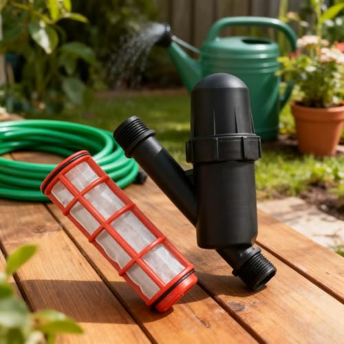 BlesConi Paquete de 2 reguladores de presión tipo Y de 1 pulgada y filtro para sistemas de riego por goteo, filtro de agua de plástico con eliminación de desechos para jardín