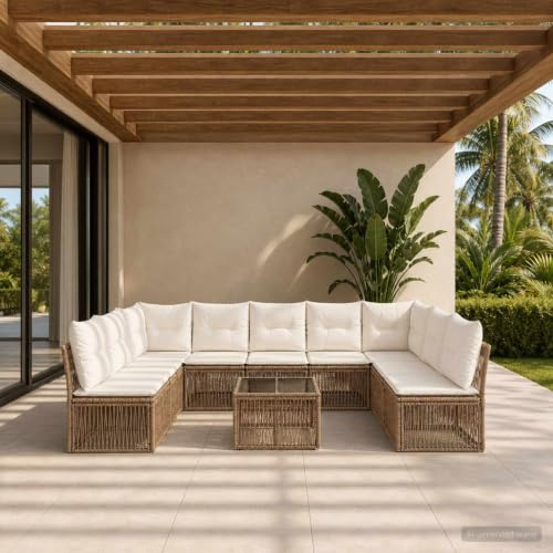 Ziaphsol Trädgårdssockset 10 stycken beige poly-rotting loungegrupp utomhusmöbler för terrass balkong trädgård uteplats veranda matgrupp med väderbeständig konstruktion och avtagbara örngott