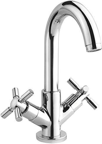 Cornat Waschtisch-Zweigriffarmatur Tratto - Verchromter Messingkörper - Hohe Auslaufhöhe - Schwenkbar - Mit Ablaufgarnitur / Wasserhahn fürs Bad / Waschbecken-Armatur / Badarmatur / TR182