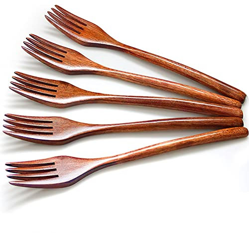 AOOSY 5 Stück Holz Gabeln Set, Holz Vintage Style braun praktische Besteck Geschirr Besteck Set Abendessen Gabeln für Küche Home Restaurant (kein Seil gebunden)