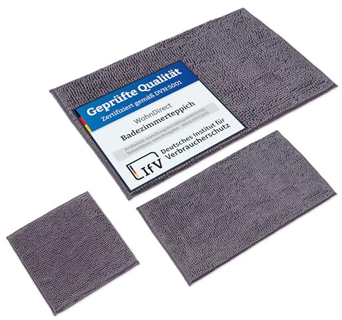 WohnDirect Badematten & Badteppiche Set 3 teilig Grau • WC Vorleger ohne Ausschnitt 45x45 + Badematte rutschfest 50x80+70x120 groß • Badvorleger rutschfest waschbar • Badezimmerteppich ÖkoTex