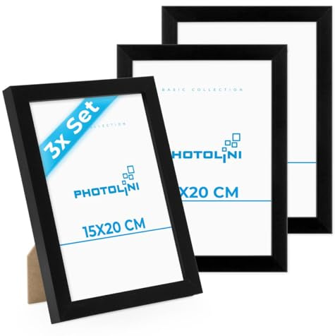 PHOTOLINI Bilderrahmen 15x20 Schwarz, 3er Set Bilderrahmen 20x15 Holz MDF, Picture Frame mit Acrylglas, Fotorahmen 15x20 zum Aufhängen & Aufstellen, Rahmen 15 x 20 cm mit Zubehör für Fotos & Poster