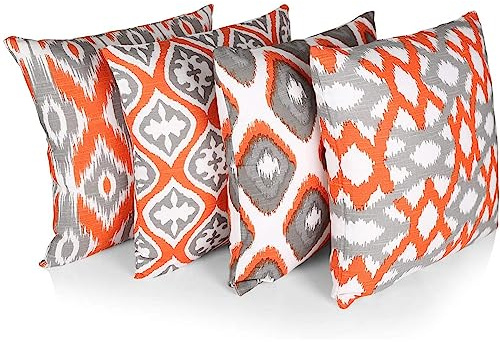 Penguin Home 4Er - Pack Dekorative Quadratische Kissen Aus Baumwolle, Luxuriöse, Stilvolle Für Wohnzimmer, Sofa, Schlafzimmer, Mit Unsichtbarem Reißverschluss, 45X45 cm (18 Inches), Orange/Weiß/Grau