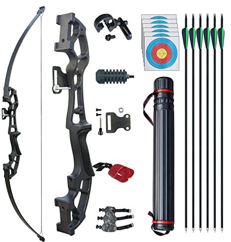 D&Q Pfeil und Bogen Set Bogenschießen für Erwachsene Recurve Bogen rechte Hand 50 Zoll 30 Pfund 40 Pfund mit 6 Stück Gemischter Carbonpfeil (Schwarz, 30LB)