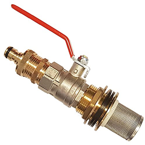 Regentonnen Durchführung Loch Ø 27mm mit Kugel Hahn 1/2 Rohr Zoll Gewinde aus Messing + Filter + Stecker Kupplung passend für Gardena