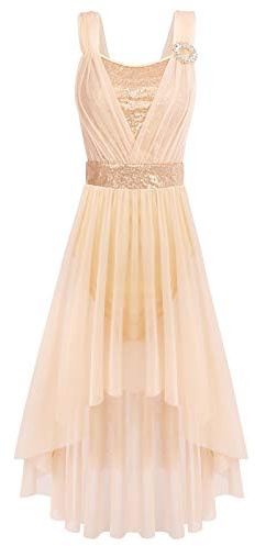 DonneLirico Abito da Ballo di Balletto Elastico con Paillettes Tulle Ginnastica Impiombata Body Gonna Alta-Bassa Asimmetrica Abbigliamento da Danza Moderno Contemporaneo Champagne XS