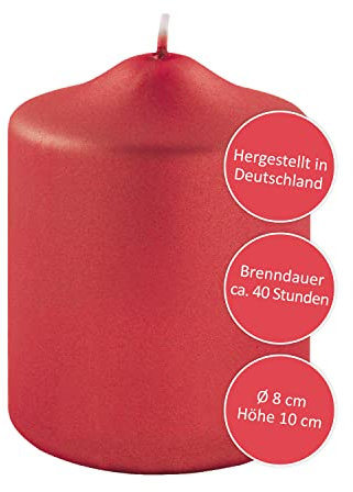 FINK kleine Stumpenkerze - für Windlichte Kerzenständer Laternen - lange Brenndauer ca 40 Stunden - rot - 10 cm Ø 8 cm