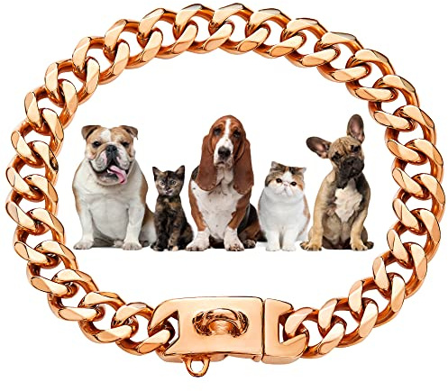 W/W Lifetime Hundehalsband aus Roségold, 10 mm, 18 Karat Gold, kubanisches Glieder, Hundehalsband mit sicherer Schnappschnalle, Gold-Hundekette, Metallhalsband für kleine Pitbull (10 mm, 30,5 cm)