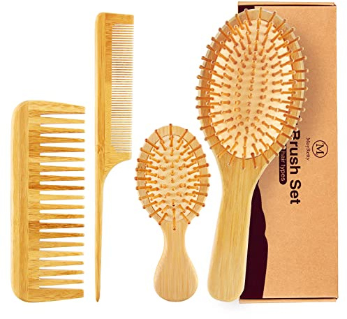 MoyRetty Bamboo Hair Brush Comb Set - Natural Wooden Hairbrush Paddle Detangling for Thick Thin Curly Straight Wavy Dry Fine Hair, Men Women and Kids, Static-Free(4 Pcs) Yellow