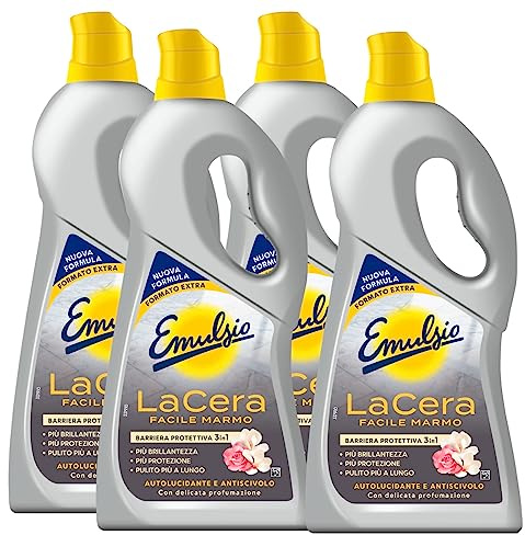 Emulsio La cera fácil de mármol, autolucidante para suelos Fórmula profesional, barrera 3 en 1, protección de brillo y limpieza, 4 botellas de 725 ml cada una
