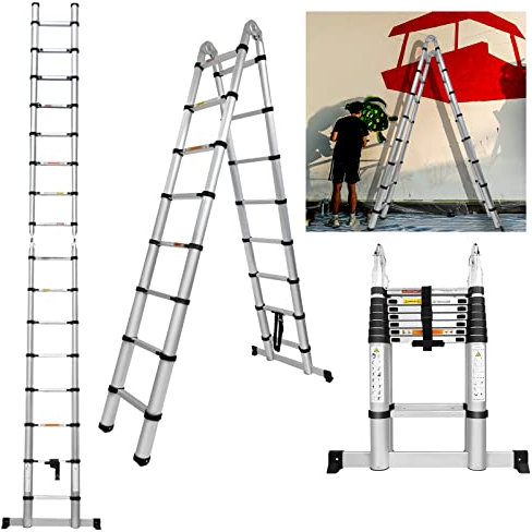 EN131 Telescopic Ladder 5M(2.5M+2.5M) A-Type Extension Ladder with Stabilizer Bar, Multi Purpose Extendable Loft Ladder Folding Ladder, 16 Adjustable Steps with Locking Button, Max Load 150kg