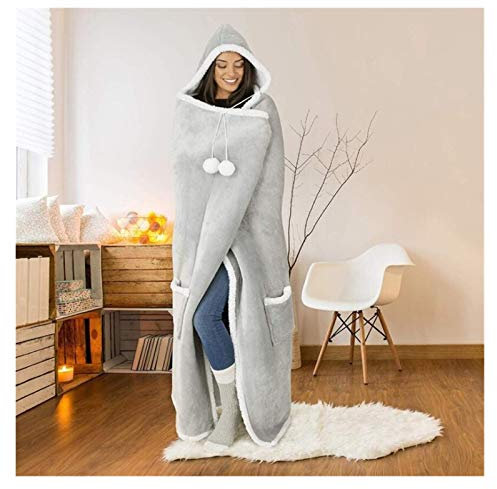 BANGHA äRmeldecke TV-Decke für Frauen Flauschiger Mantel Winter Plüsch Decken weiche warme Decke mit Kapuze Mäntel Karierten Robe Decke Mit äRmeln (Color : Grey)