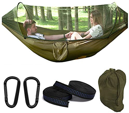 Hängematte, Leichte Reisehängematte, Atmungsaktiv Hängematte Outdoor mit Moskitonetz bis 2 Personen, 200kg Traglast, für Trekking, Survival, Garten,290x140cm