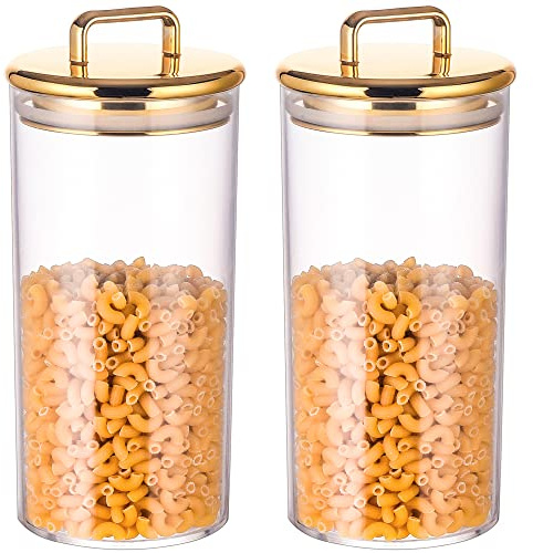 2 Pack 32 oz Large Acrylic Storage Apothecary Jar with Gold Airtight Lid | Bathroom Vanity Organizer Containers | Ideal Decorative Canisters for Shells, Bath Salt, Grains, Cotton Ball, Flossers