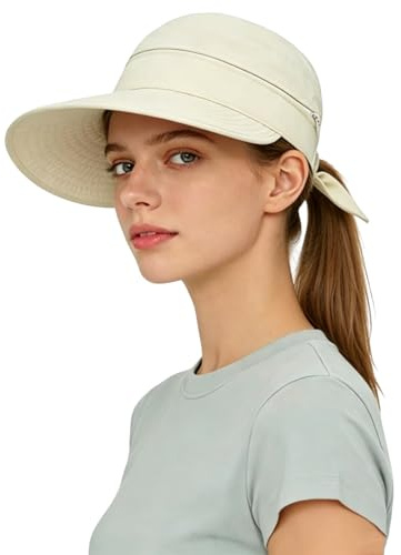 ITODA Femme Casquette Grande Visière Anti-Soleil en Coton Chapeau de Soleil Pliable Contre UPF 50+ Casquette Haut Vide Queue de Cheval Pare-Soleil Capeline d'été Large Bord Chapeau de Plage Voyage