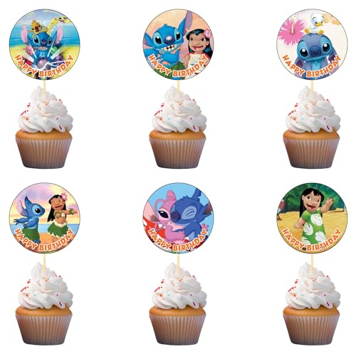 18x Llio and Sti Cupcake Toppers – Strong Picks Happy Birthday Décor, Cupcake Decorations for Kids Birthdays