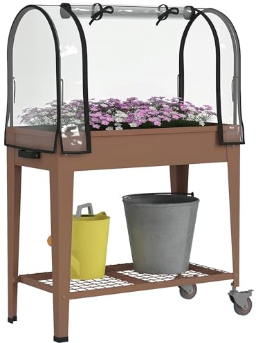 Outsunny Huerto Urbano Elevado con Ruedas, Mesa de Cultivo con Cubierta PVC de Invernadero y Estante Inferior para Cultivo, Plantas, Flores y Verduras, 80x40x120 cm, Marrón
