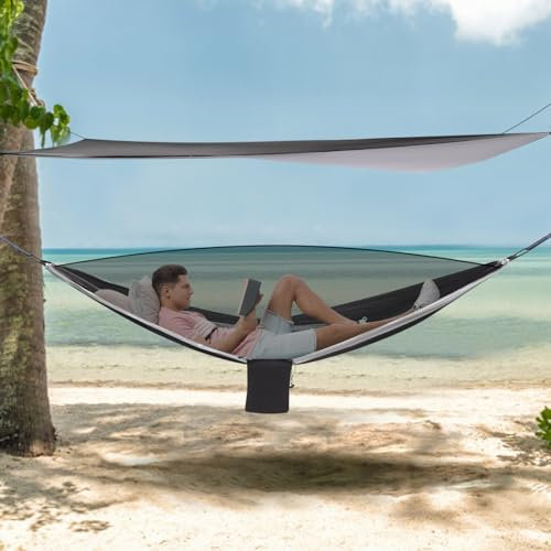 Hängematte mit Moskitonetz und Zeltplane 200 Tragkraft Camping Hängematte Outdoor Atmungsaktiv Hängematten für Camping Reise Trekking Garten aus Nylon Fallschirm (Schwarz, Grau)