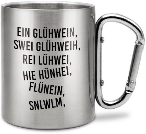 Prozente Momente Ein Glühwein swei Glühweih... | Edelstahl-Trinkbecher mit Karabinerhaken | Geschenkidee | 330 ml | Becher | Camping | Vereine | Silber