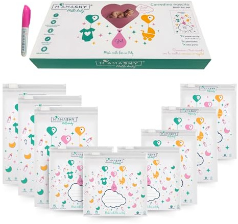 MAMASHY HelloBaby - 9 Bustine Corredino Neonato Ospedale, 3 Misure, Neonato Accessori Utili con Buste Sacchetti Cambio Made in Italy, Lista Borsa Parto Ospedale Mamma Nascita Bebè, Pennarello, Cornice