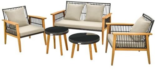LIFEZEAL Juego de Muebles de ratán PE de jardín, sofá Exterior de 2 plazas con 2 sillones, 2 mesas de Centro, Conjunto de Muebles de conversación para Patio, 3 Cojines y 4 Almohadas