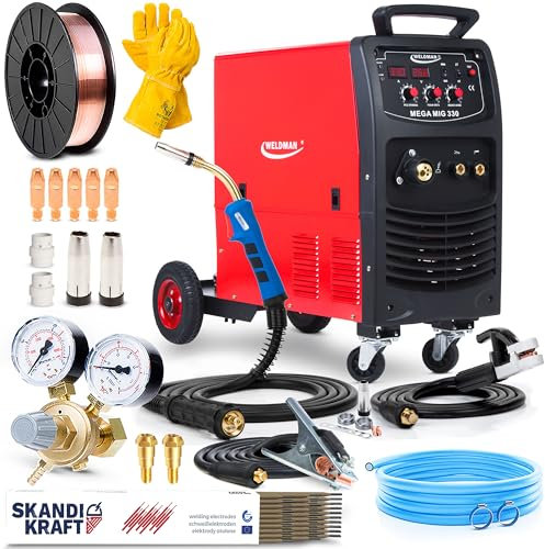 Weldman Mega Mig 330 - Saldatrice a Filo Continuo con Gas 330 A 400V 16,5-27,5V - MIG/MAG, MMA, FLUX - Induttanza, Saldobrasatura - 2T/4T, Telaio Mobile, 4 Rulli - IGBT - Set Basic