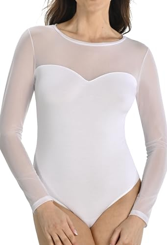 Teyli Body donna con maniche lunghe e scollo in rete – intimo elegante e elastico che si adatta perfettamente alla silhouette. Bianco XXL