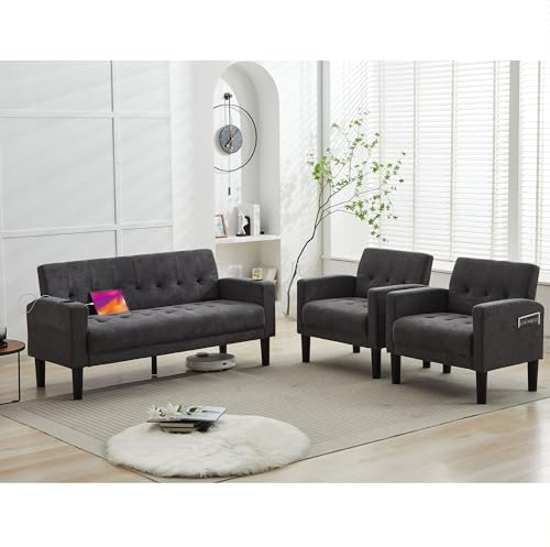 TYBOATLE Sofa Couch, Living Room Furniture Sectional Sofa Sets of 3 Pcs, Tufted Mid-Century Loveseat w/USB, Cupholders & Comfy Single Sofa for Small Space, Apartment, Office (Dark Grey)