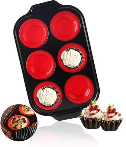 Vicalo Muffinblech, Mini-Silikon-Kohlenstoffstahl-Muffinform, für 6 Muffins, Antihaftbeschichtet Backform, für Papierbecherkuchen, Muffinbackformen Backblech (Rot)
