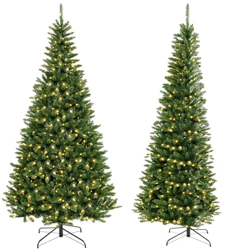 GYMAX 240 cm künstlicher Weihnachtsbaum mit 360 warmweißen LED-Lichtern, Tannenbaum mit 1137 PVC-Zweigspitzen & Metallständer, 270° Christbaum, Dekorationsbaum für Zuhause & Geschäfte