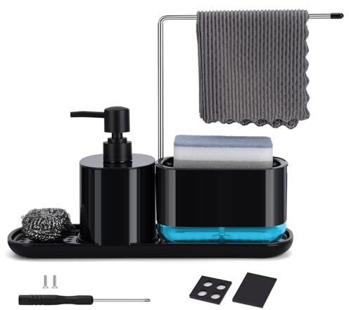 Spülbecken Organizer Seifenspender Set Küche Mit Bürste Reinigungsbürste Aus Edelstahl Und Schwamm,Waschlappen 6 In 1 Spülmittelspender Küche Set Schwarz Geeignet Für Küchenspüle
