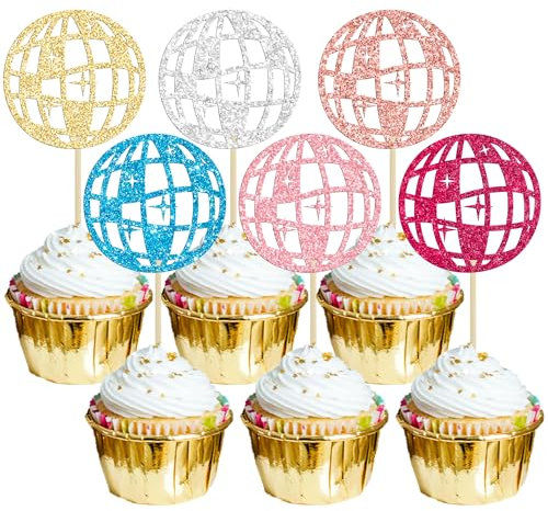 Gyufise 24Pcs 70s Disco Ball Cupcake Toppers Disco Balls Cupcake Picks 70s disco Dancing Cupcake Decorations for 1970s Disco Music Theme Man Women Birthday Party Decorations Supplies Multi