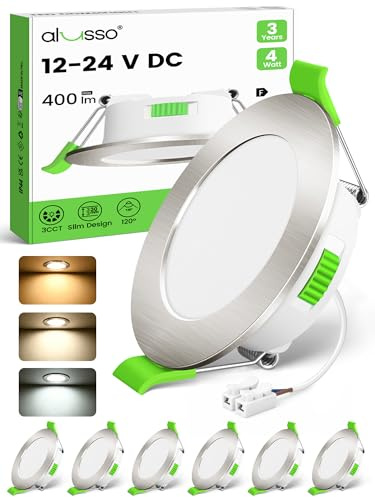 ALUSSO 12-24V LED Einbaustrahler Decke, IP44 Möbel Einbaustrahler Flach | 4W, Bohrloch 55-68mm und 29mm Flache, 3000K Warmweiß 4000K Neutralweiß 6500K Kaltweiß, Nickel, 6er Set