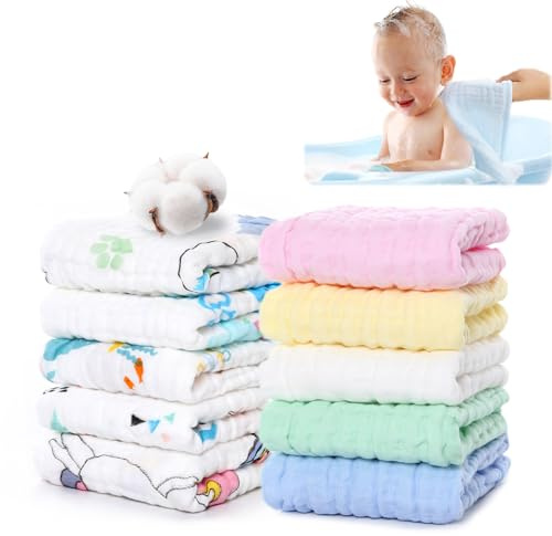 WYTNB 10Pcs Small Baby Muslin Squares, 25x25cm Cotton Burp Cloths, 6 Layers Breathable Newborn Washcloths, Absorbent Swaddle Cloths, Baby Face Body Towel, Facial Cleansing for Kids Boys Girls