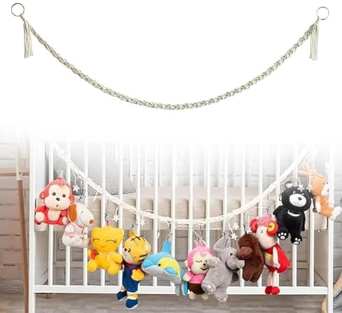 Hängender Stofftierhalter, 200cm Kuscheltier Aufbewahrung Hängend mit 30 Metallklammern Stofftier Aufbewahrung zum Aufhängen von Hüten, Socken, Spielzeug