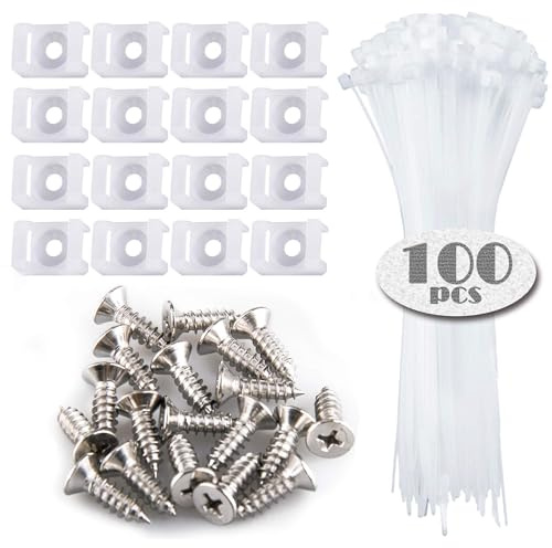 100 Pieces Cable Tie Mount Base Saddle Type Mount Wire Holder, 100 Pieces Cable Zip Ties with Self-Locking (150 x 3.5mm) and 100 Pieces Deep Thread Pan Head Screws (White)