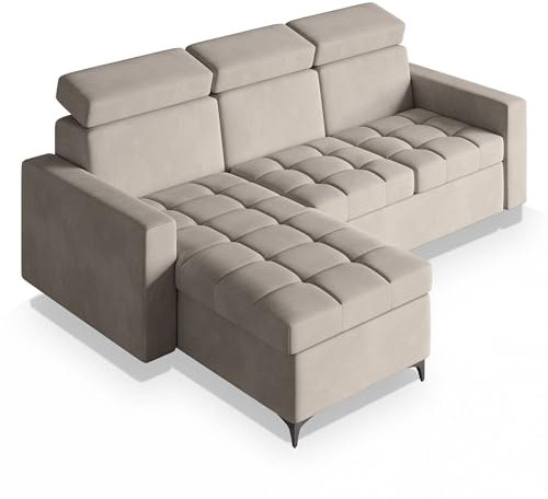 Masseno Ecksofa Kame mit Schlaffunktion L-Form, Sofa mit Bettkasten, Wohnzimmersofa, Couch, Soffa, Bettsofa, Couchgarnitur- Beige, Paros 02