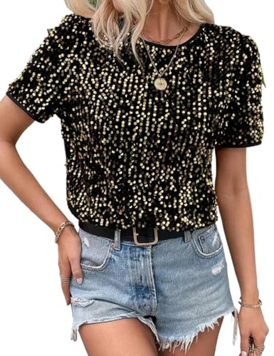 MINTLIMIT Damen Pailletten Oberteil Kurzarm Glitzer Shirt V-Ausschnitt Bluse Party Cocktail Oberteile