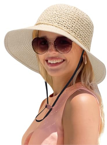 Mayoii Strohhut für Damen, UV-Schutz, breite Krempe, Faltbarer Sonnenhut, Strandhut für Sommer, Outdoor, Angeln, große Krempe (DE/NL/SE/PL, Alphanumerisch, Einheitsgröße, Beige)