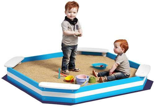AIYAPLAY Sabbiera per Bambini con 4 Sedute Angolari, Sabbionaia in Legno con Fondo Aperto, Età 3-6 Anni, 133x133x16 cm, Blu e Bianco