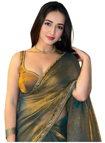 Yashika Sari en soie douce pour femme avec bord en dentelle travaillée à la main et livré avec chemisier non cousu | Sari Bollywood | Nouveau Sari, Doré, taille unique