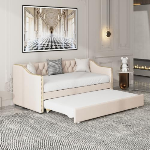 Schlafsofa 90/180x200 cm, 2 Sitzer Sofa mit Schlaffunktion, Bett Ausziehbar zum Doppelbett, Tagesbett Ausziehbar, Ausklappbares sofa, Ausziehbett, schlafcouch, Leinenstoff, Ohne Matratze (Beige)