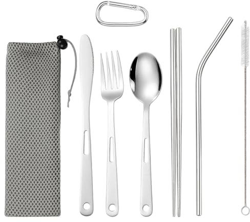 8 Reisebesteck, Camping Besteckset 1 Person, Edelstahl Outdoor Besteck mit Etui, Besteck für Unterwegs, Bundeswehr Besteck, Campingbesteck für Reisen, Picknick, Büro, Schule